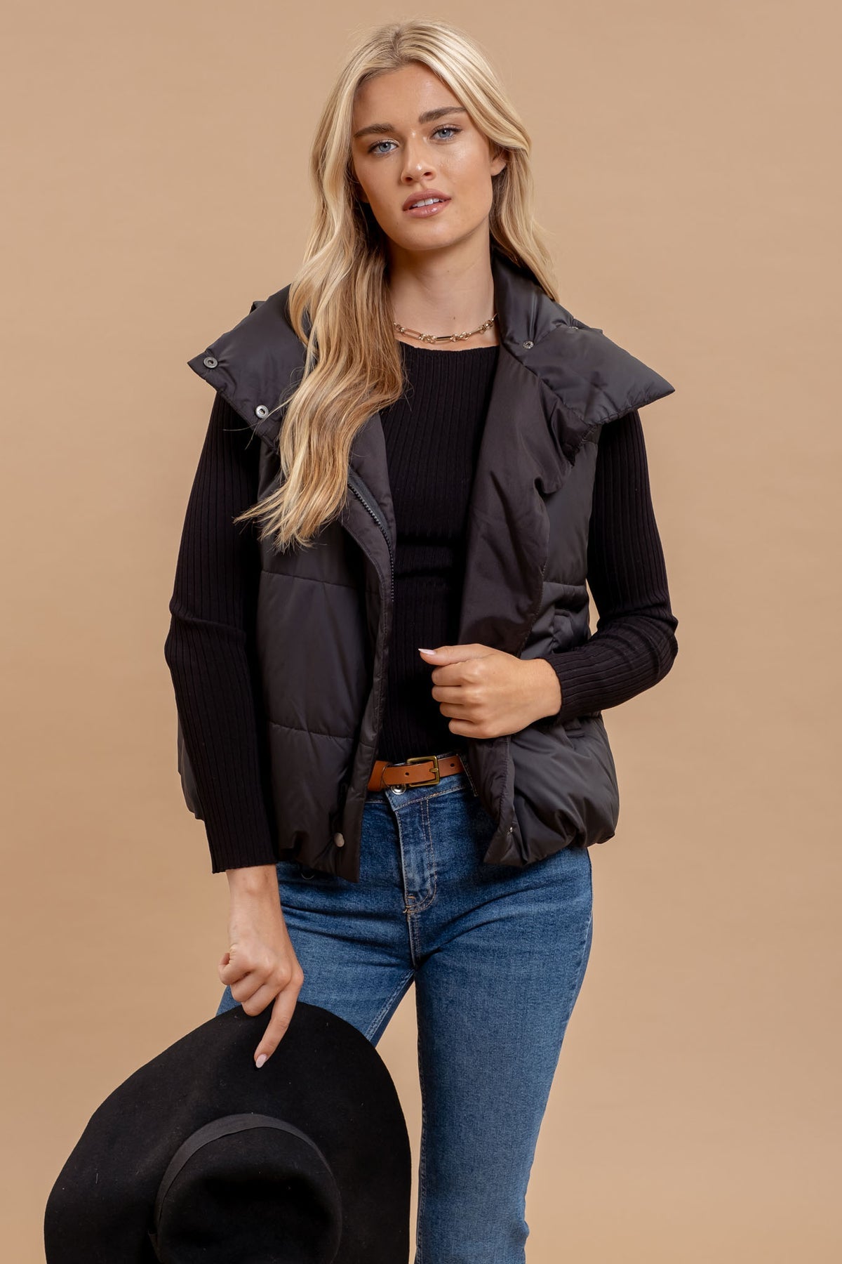 ASYMMETRICAL ZIP UP HIGH NECK PUFFER VEST
