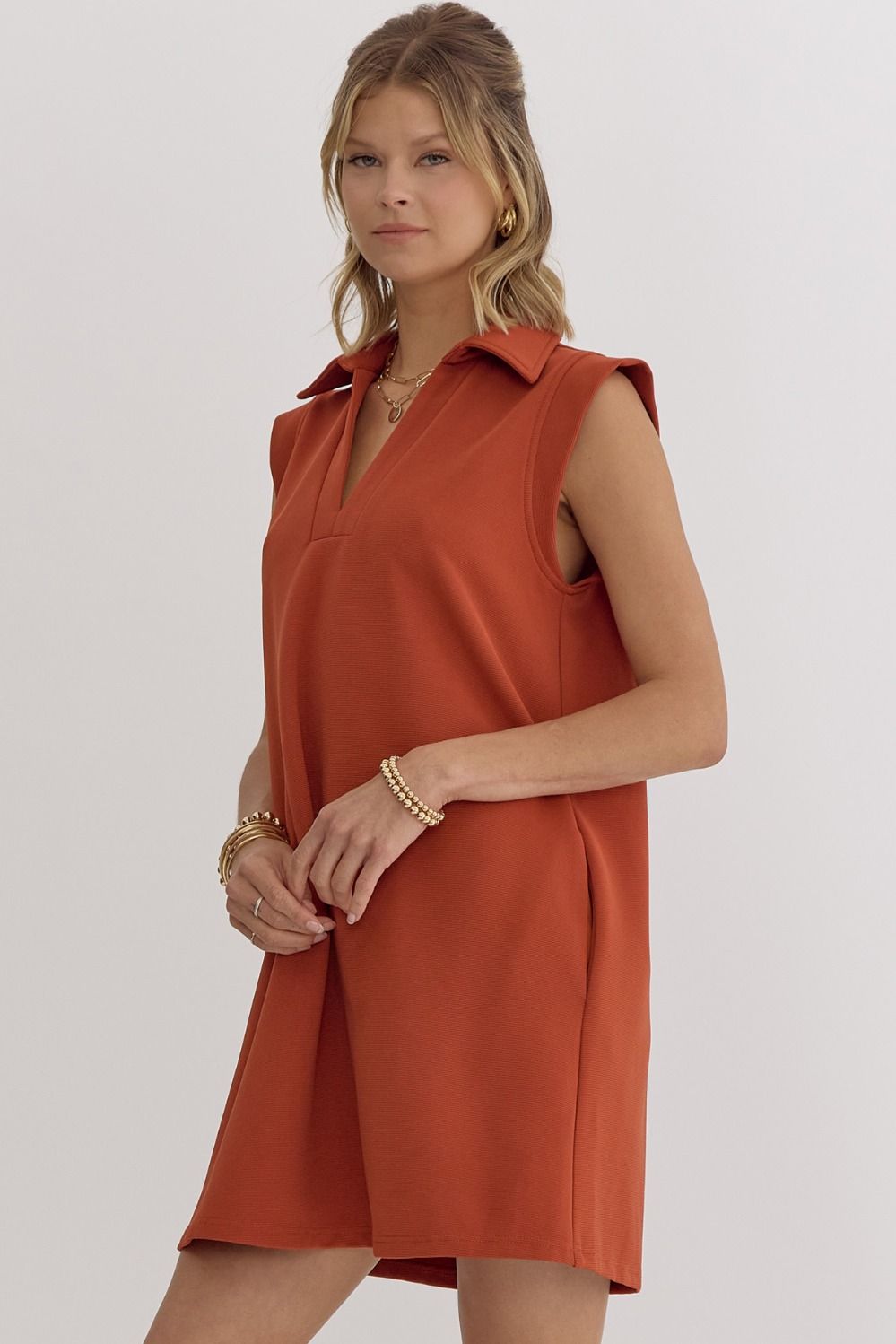 Solid collared v-neck mini dress