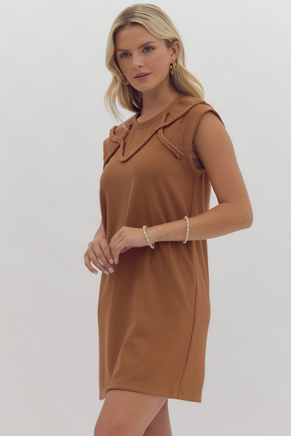 Solid cap sleeve round neck mini dress