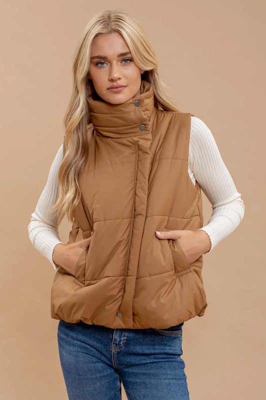 ASYMMETRICAL ZIP UP HIGH NECK PUFFER VEST